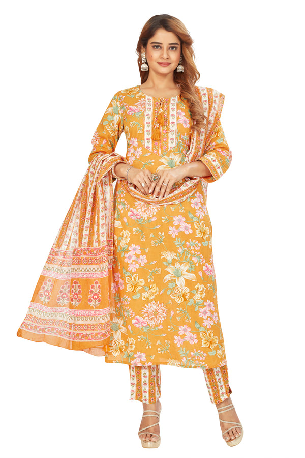 Amchoor Mustard Cotton Floral Print Kurti Set for Women's