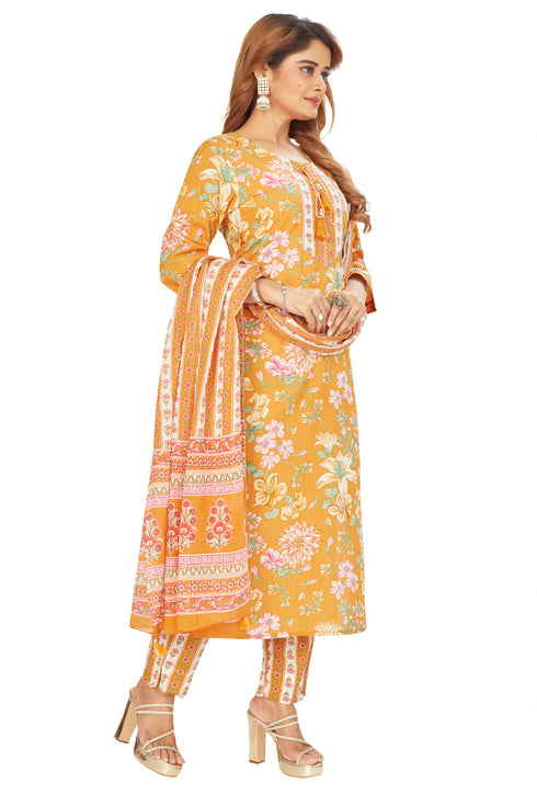 Amchoor Mustard Cotton Floral Print Kurti Set for Women's
