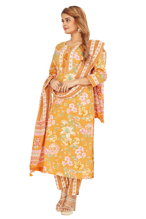 Amchoor Mustard Cotton Floral Print Kurti Set for Women's