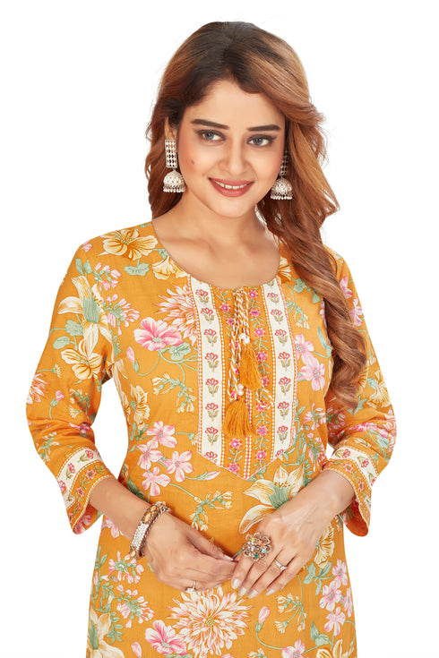 Amchoor Mustard Cotton Floral Print Kurti Set for Women's