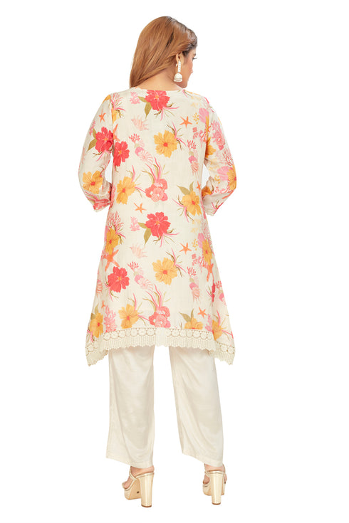 Amchoor Beige Muslin Floral Print Kurti Set for Women's