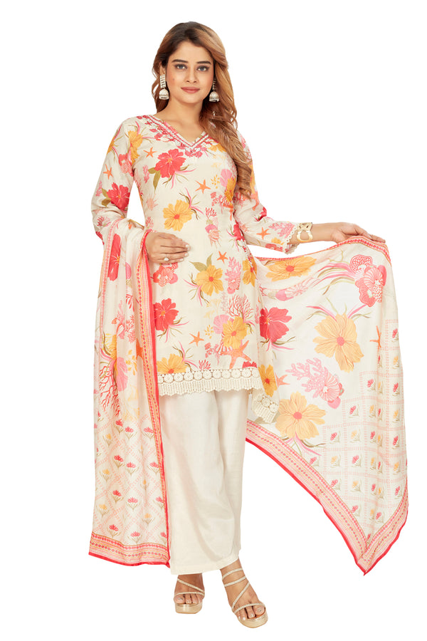 Amchoor Beige Muslin Floral Print Kurti Set for Women's