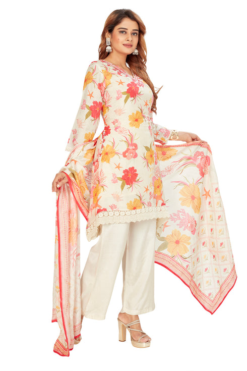 Amchoor Beige Muslin Floral Print Kurti Set for Women's