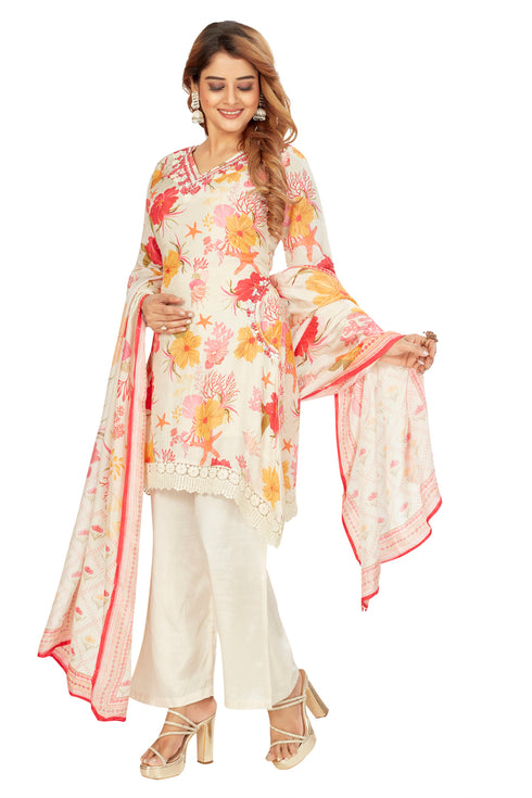 Amchoor Beige Muslin Floral Print Kurti Set for Women's
