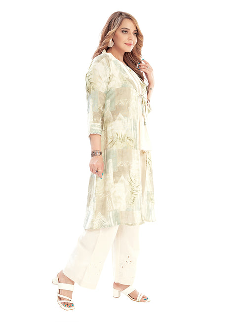 Amchoor Green Cotton Abstract Print Indo Fusion Dress for Women's