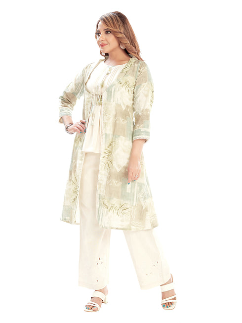 Amchoor Green Cotton Abstract Print Indo Fusion Dress for Women's