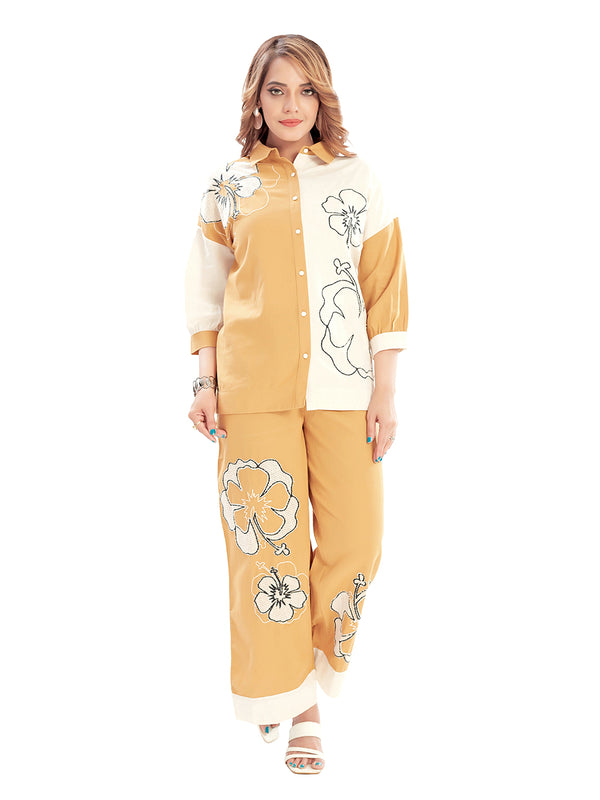 Amchoor Mustard Cotton Embroidered Co-ord Set for Women's