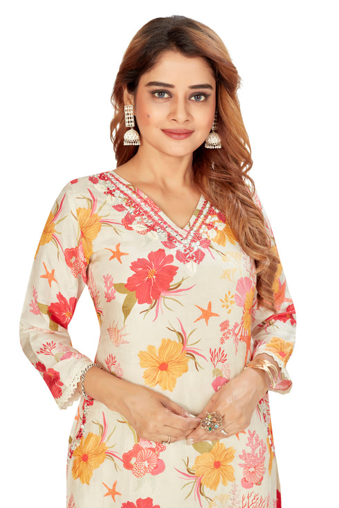Amchoor Beige Muslin Floral Print Kurti Set for Women's