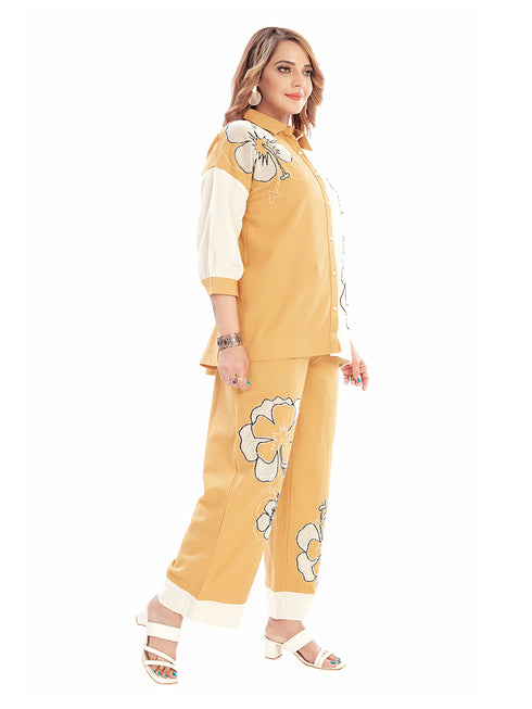 Amchoor Mustard Cotton Embroidered Co-ord Set for Women's