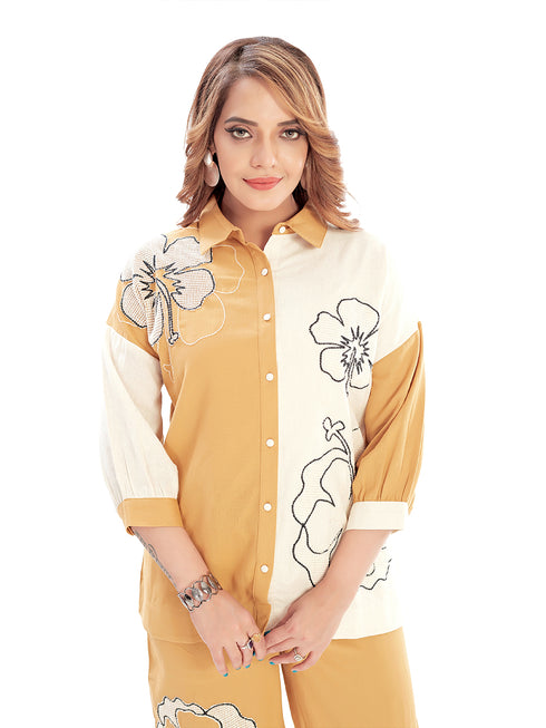 Amchoor Mustard Cotton Embroidered Co-ord Set for Women's