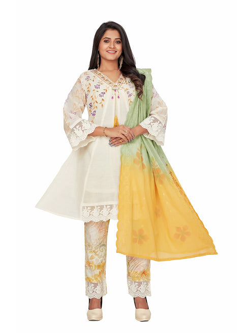 Amchoor Yellow Cotton Floral Print KURTI SET for Women's