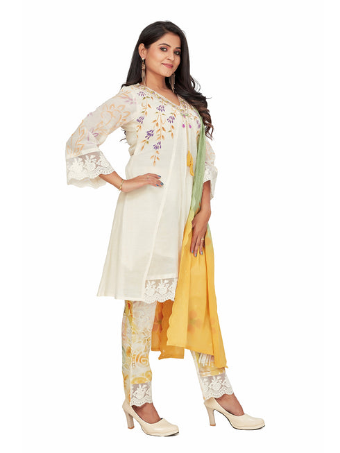Amchoor Yellow Cotton Floral Print KURTI SET for Women's