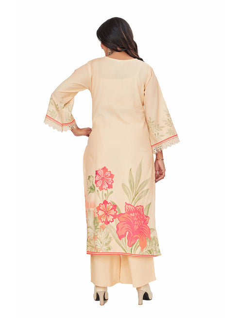 Amchoor Peach Cotton Floral Print KURTI SET for Women's