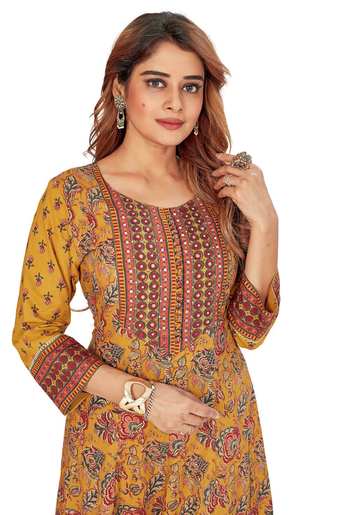 Amchoor Yellow Cotton Floral Print Kurti Set for Women's