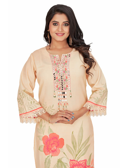 Amchoor Peach Cotton Floral Print KURTI SET for Women's