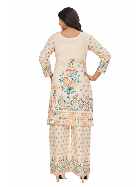 Amchoor Cream Blended Linen Floral Print KURTI SET for Women's