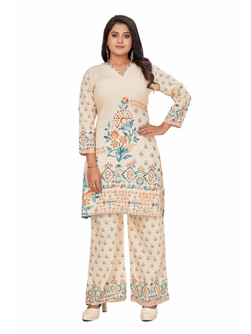 Amchoor Cream Blended Linen Floral Print KURTI SET for Women's