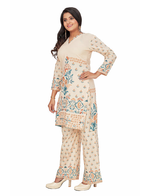 Amchoor Cream Blended Linen Floral Print KURTI SET for Women's