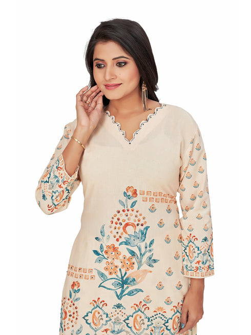 Amchoor Cream Blended Linen Floral Print KURTI SET for Women's