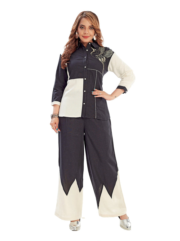 Amchoor Black Cotton Embroidered Co-ord Set for Women's