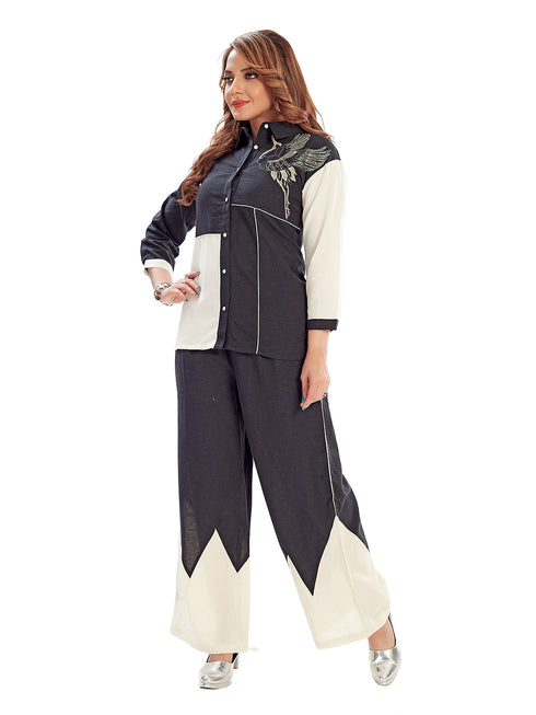 Amchoor Black Cotton Embroidered Co-ord Set for Women's
