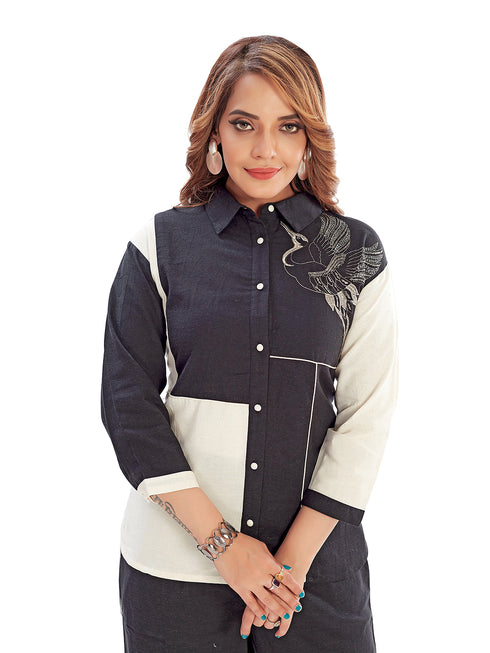 Amchoor Black Cotton Embroidered Co-ord Set for Women's
