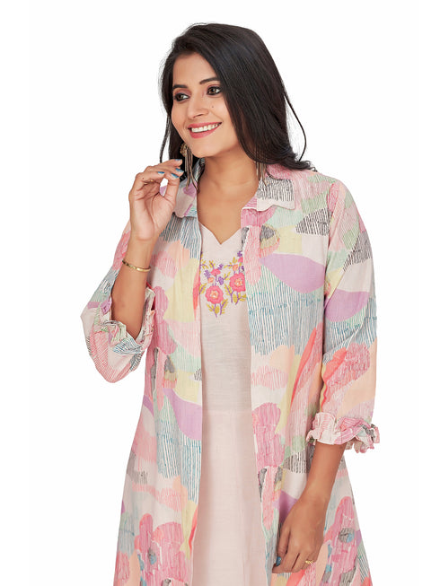 Amchoor Purple Cotton Abstract Print Indo Fusion Dress for Women's
