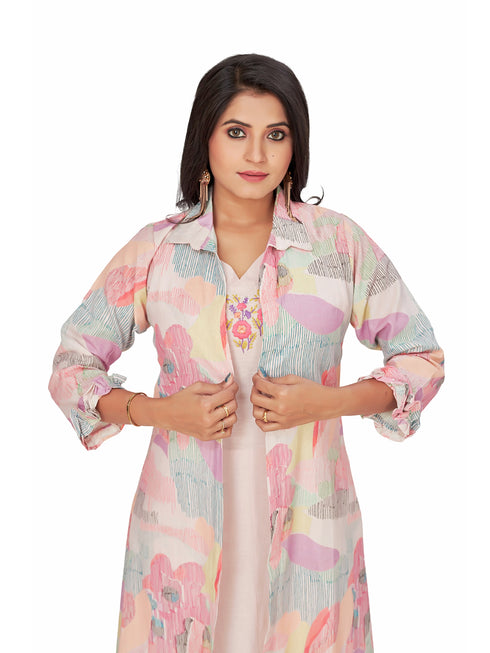 Amchoor Purple Cotton Abstract Print Indo Fusion Dress for Women's