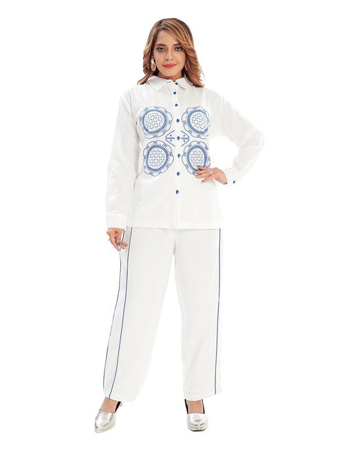 Amchoor Blue Cotton Embroidered Co-ord Set for Women's