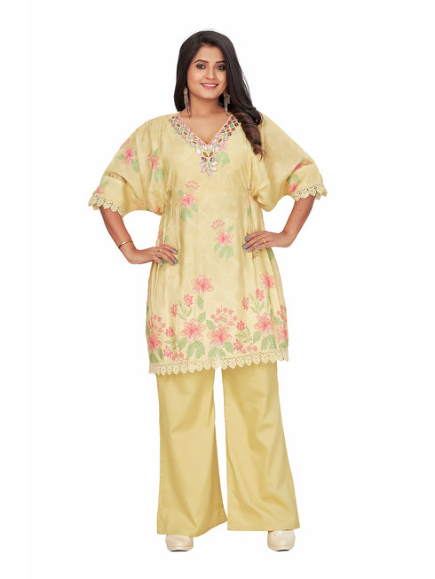 Amchoor YELLOW Cotton Solid Print KURTI PANT SET for Women's