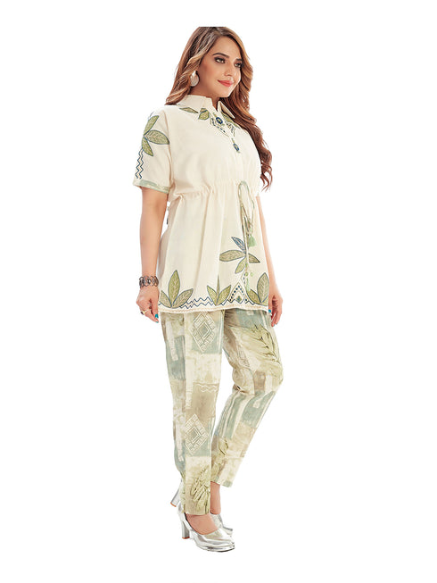 Amchoor Beige Cotton Floral Print Co-ord Set for Women's