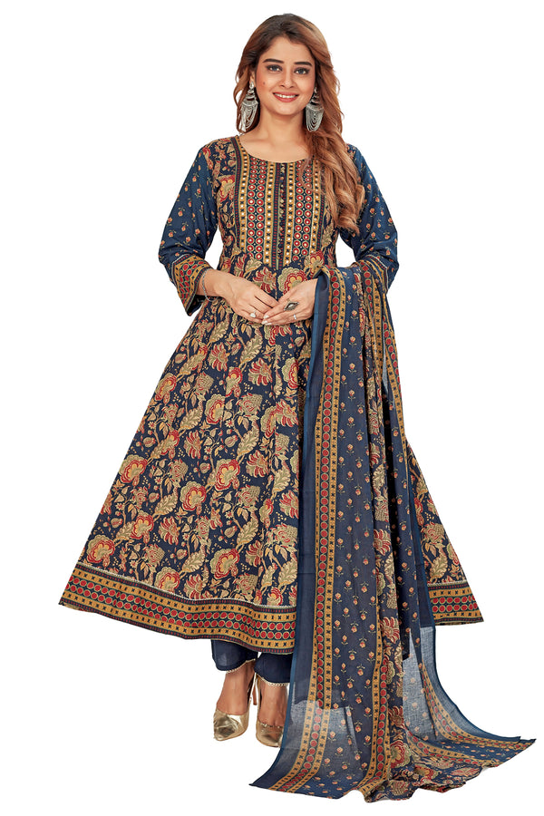 Amchoor Blue Cotton Floral Print Kurti Set for Women's