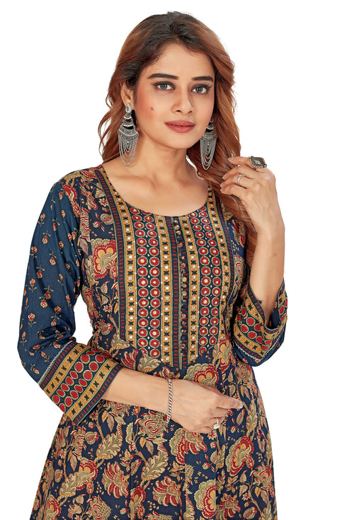 Amchoor Blue Cotton Floral Print Kurti Set for Women's