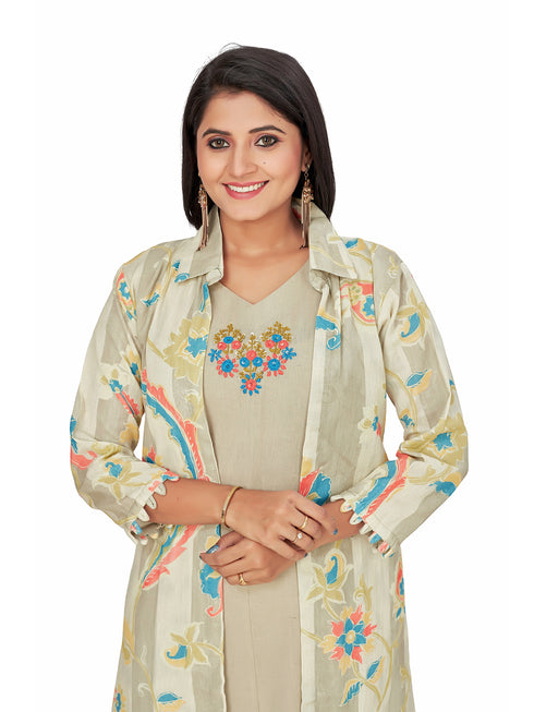 Amchoor Grey Cotton Floral Print Indo Fusion Dress for Women's