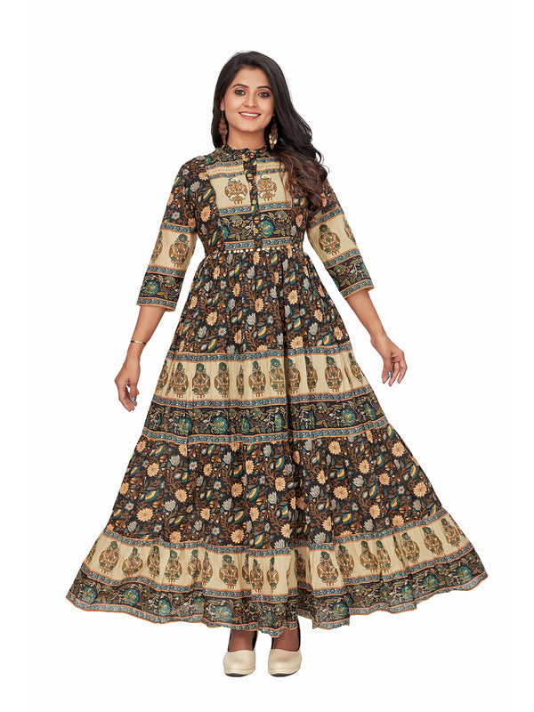 Amchoor Black Cotton Floral Print Dresses for Women's