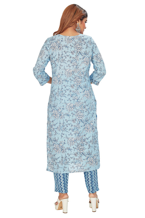 Amchoor Blue Cotton Floral Print Kurti Set for Women's