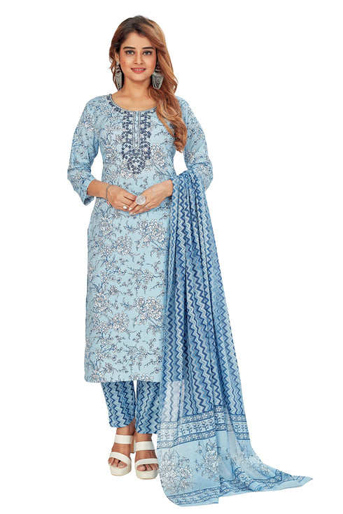 Amchoor Blue Cotton Floral Print Kurti Set for Women's