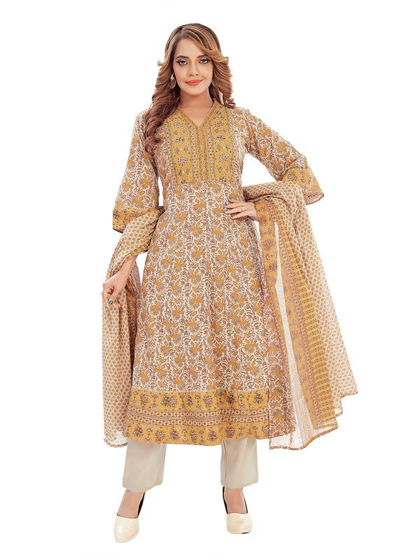 Amchoor Yellow Cotton Floral Print Kurti Set for Women's