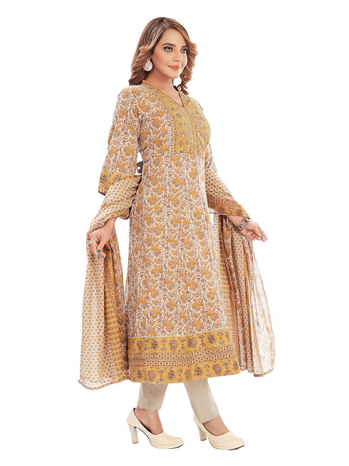 Amchoor Yellow Cotton Floral Print Kurti Set for Women's