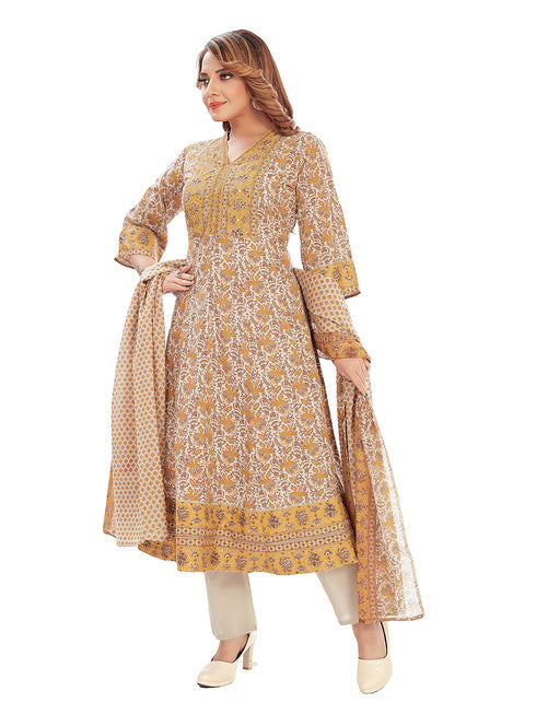 Amchoor Yellow Cotton Floral Print Kurti Set for Women's