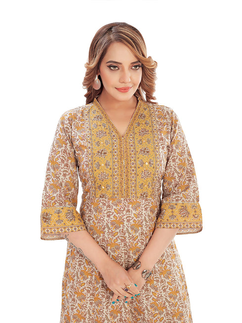 Amchoor Yellow Cotton Floral Print Kurti Set for Women's