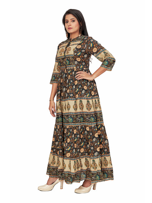 Amchoor Black Cotton Floral Print Dresses for Women's