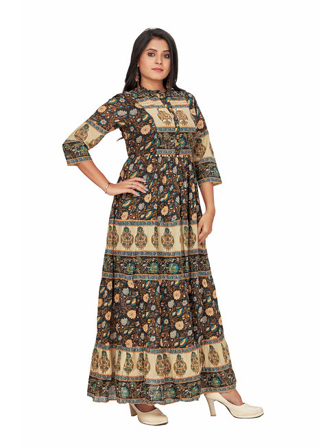 Amchoor Black Cotton Floral Print Dresses for Women's
