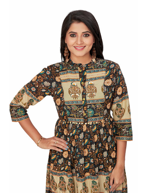 Amchoor Black Cotton Floral Print Dresses for Women's