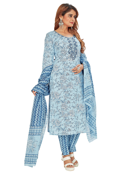 Amchoor Blue Cotton Floral Print Kurti Set for Women's