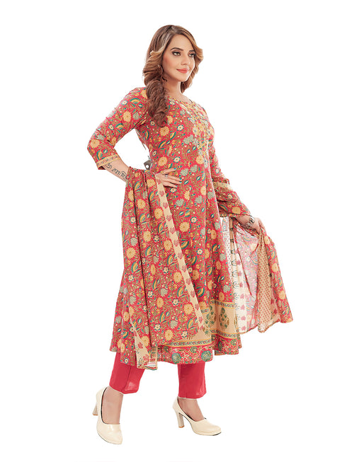 Amchoor Maroon Cotton Floral Print Kurti Set for Women's