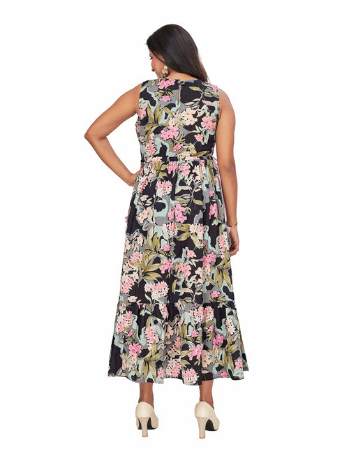 Amchoor Black Cotton Floral Print Dresses for Women's
