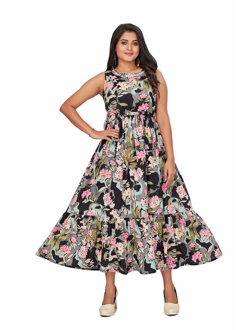 Amchoor Black Cotton Floral Print Dresses for Women's
