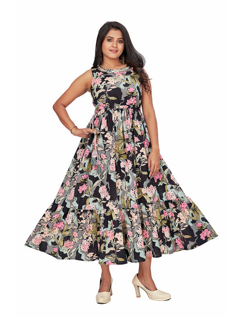 Amchoor Black Cotton Floral Print Dresses for Women's
