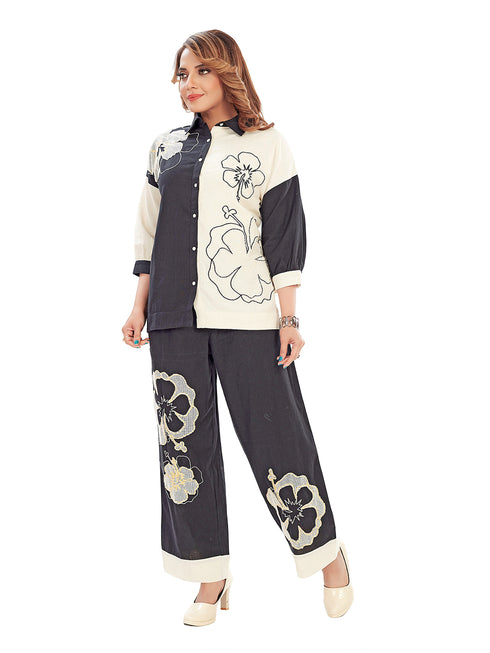 Amchoor Black Cotton Embroidered Co-ord Set for Women's